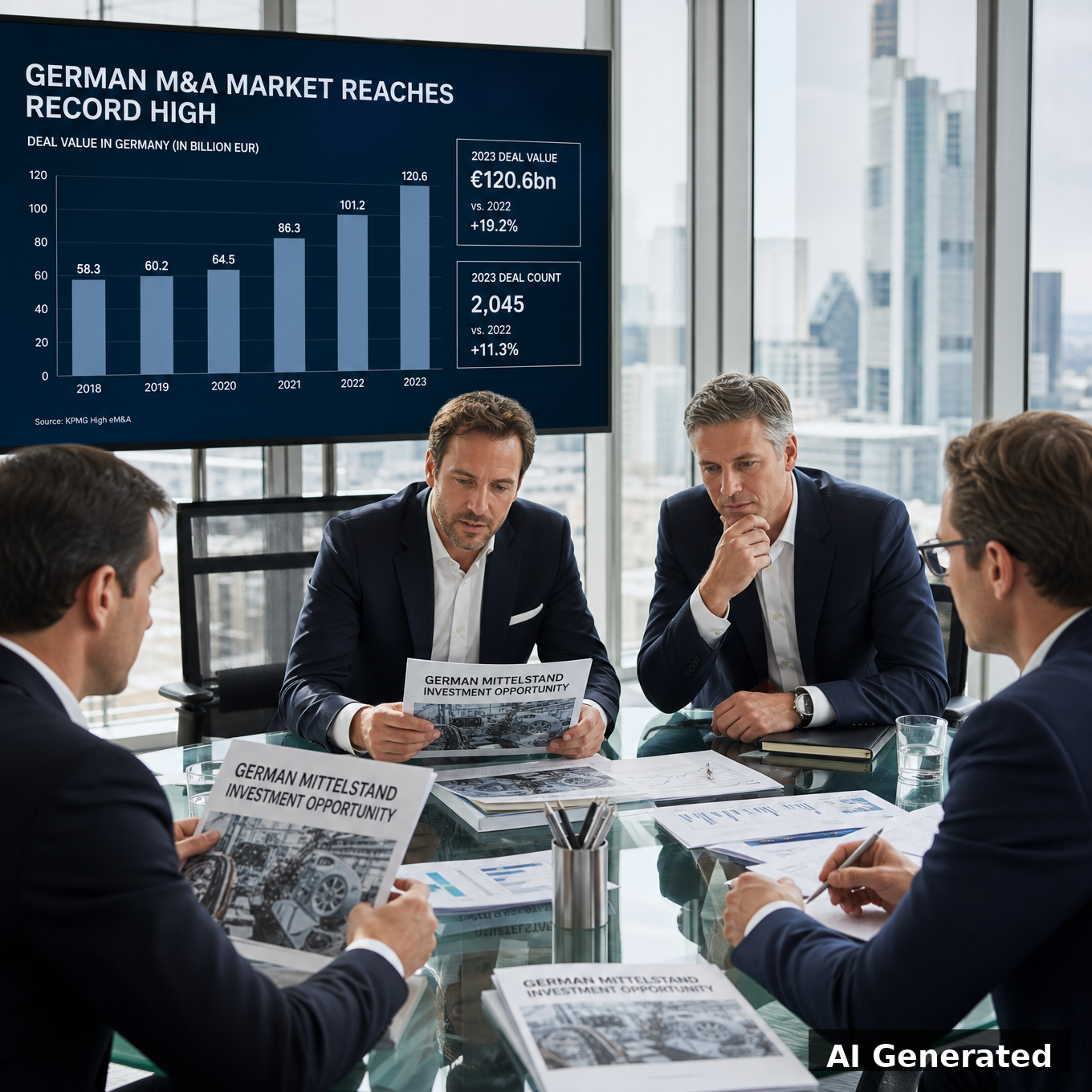Private equity executives reviewing German Mittelstand investment documents in Frankfurt boardroom