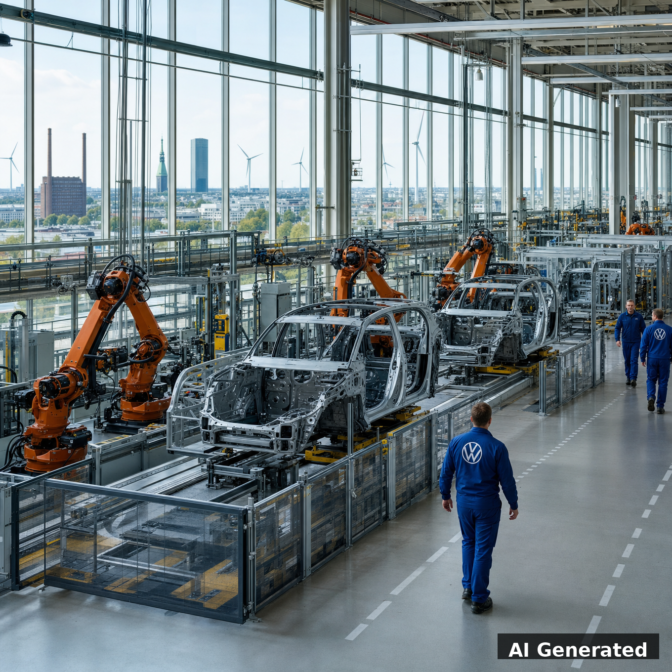 German Volkswagen factory with workers and robotic arms on the assembly line