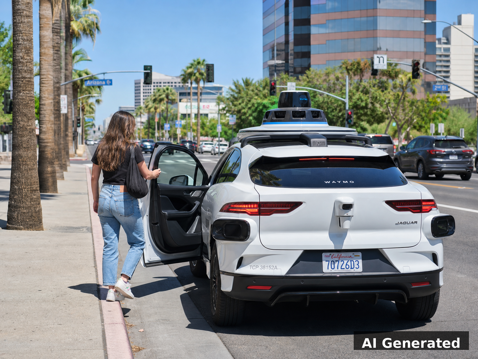 AI Generated image of a driverless robotaxi operating in a sunny American city