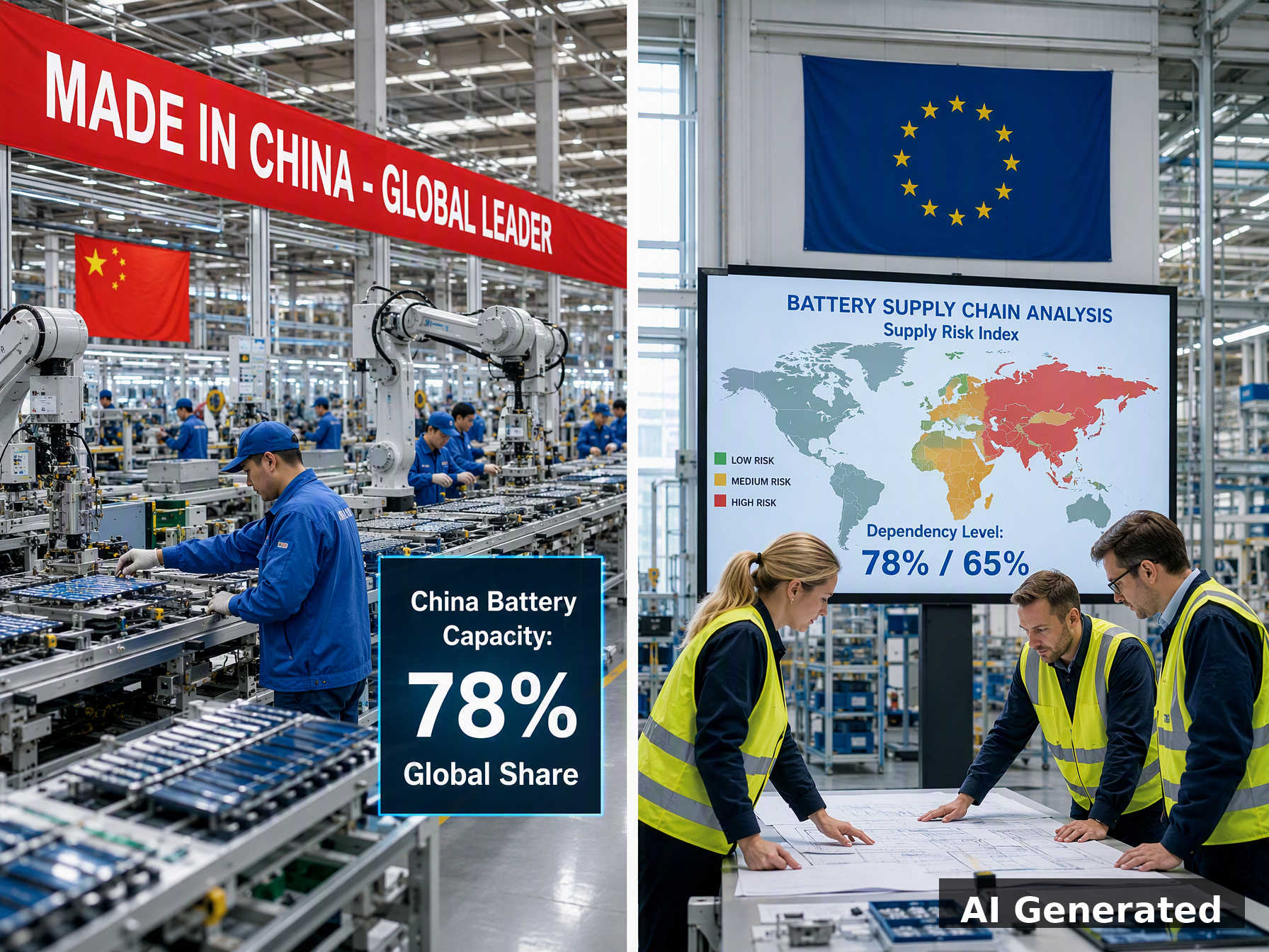 AI generated image: Chinese battery gigafactory versus European industrial facility showing supply chain dependency