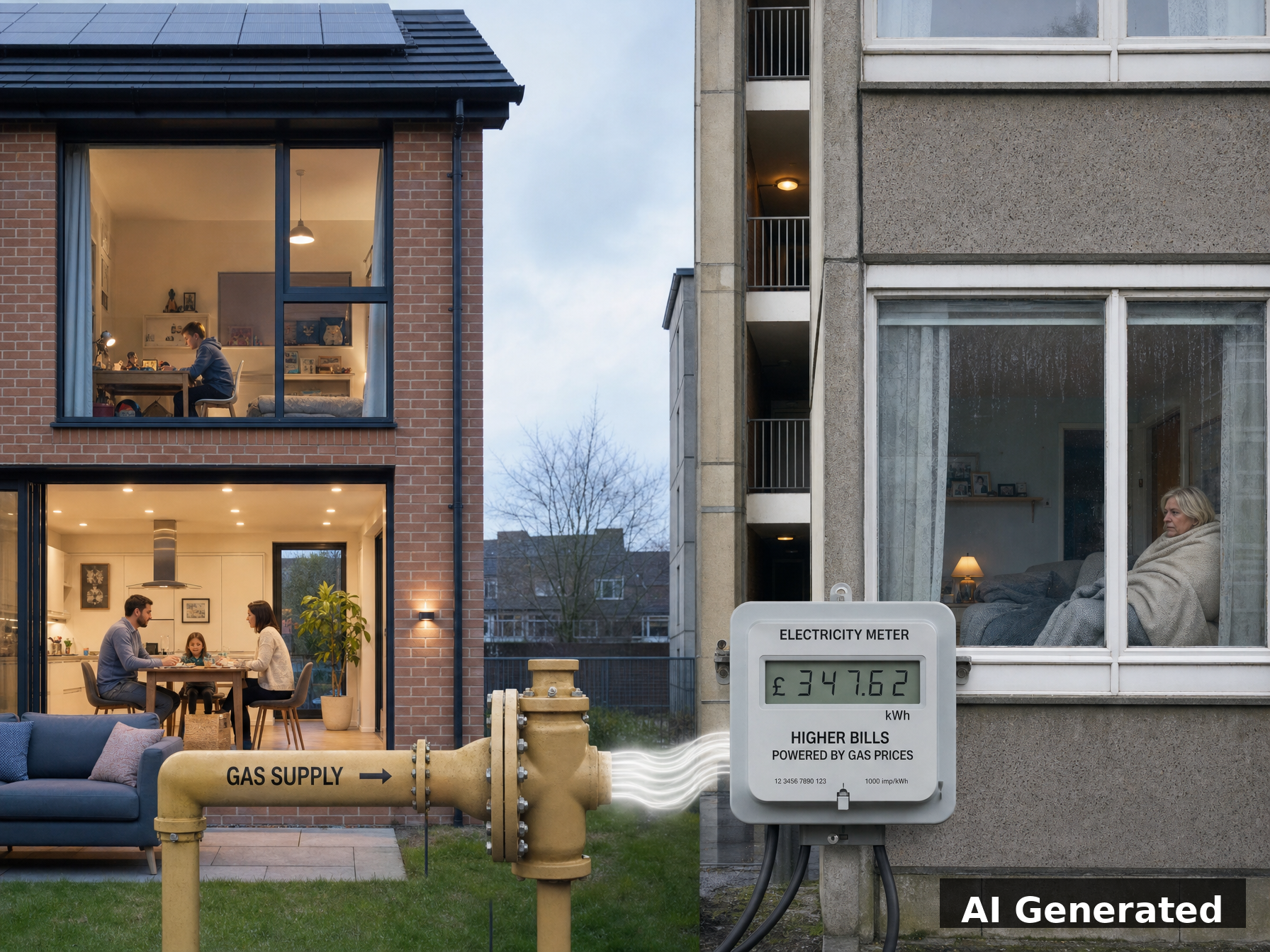 AI generated split image showing energy inequality between warm and cold homes