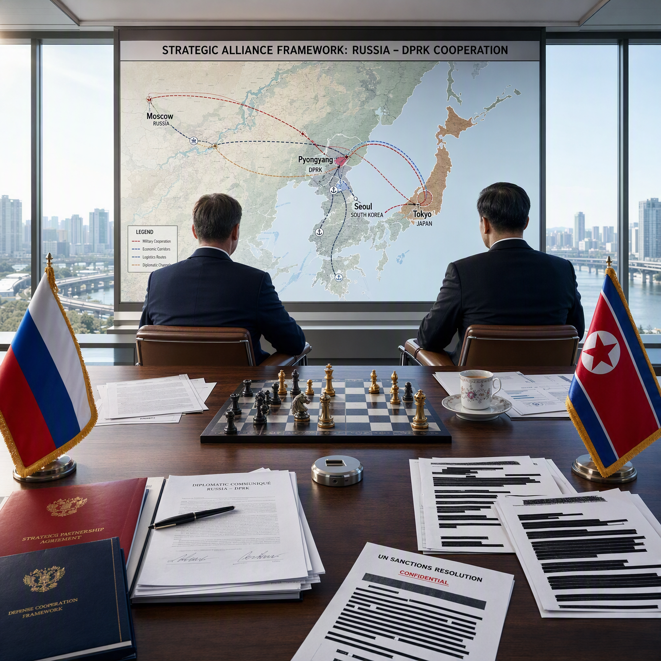Diplomatischer Kriegsraum mit einer Karte der Allianz Nordostasiens und Schachfiguren auf einem Konferenztisch