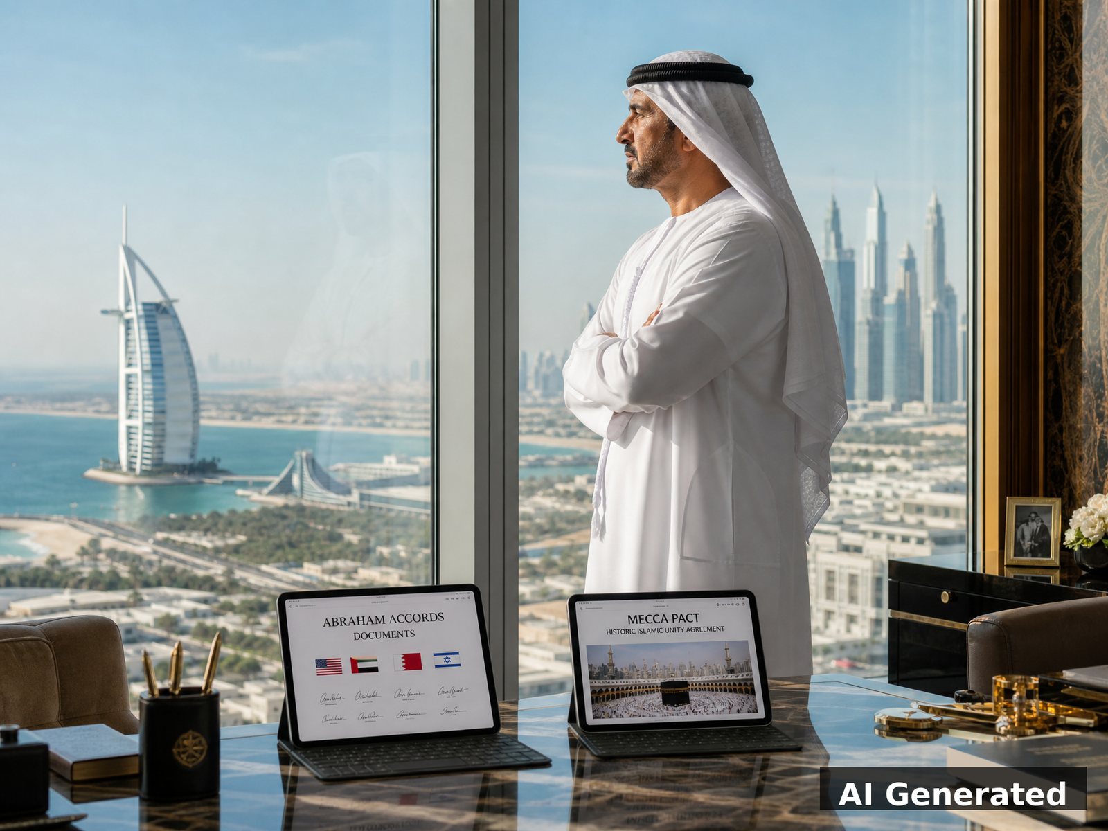 UAE diplomat standing between two doors labeled with competing alliance names, Abu Dhabi skyline, bright daylight
