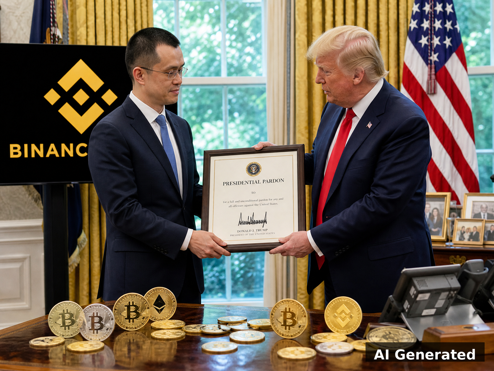 Crypto exchange founder receiving presidential pardon document in the Oval Office