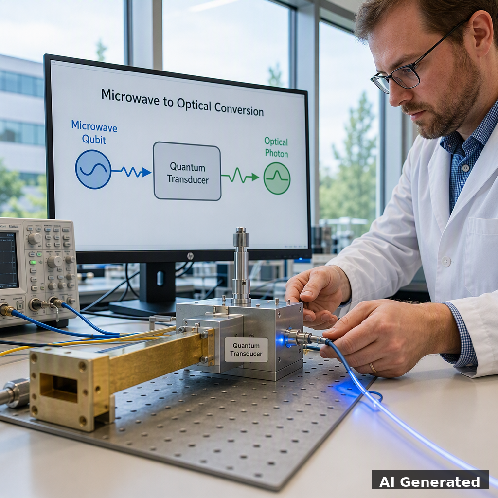 Quantum transducer device converting microwave to optical signals