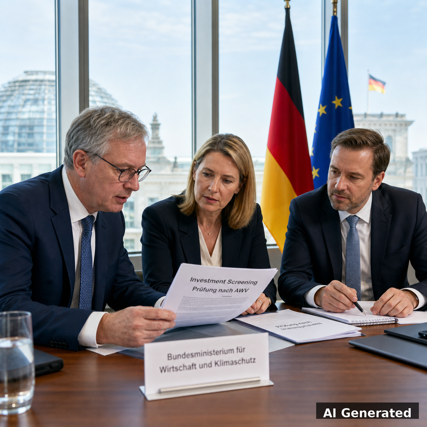 German government officials reviewing investment screening documents at Bundesministerium