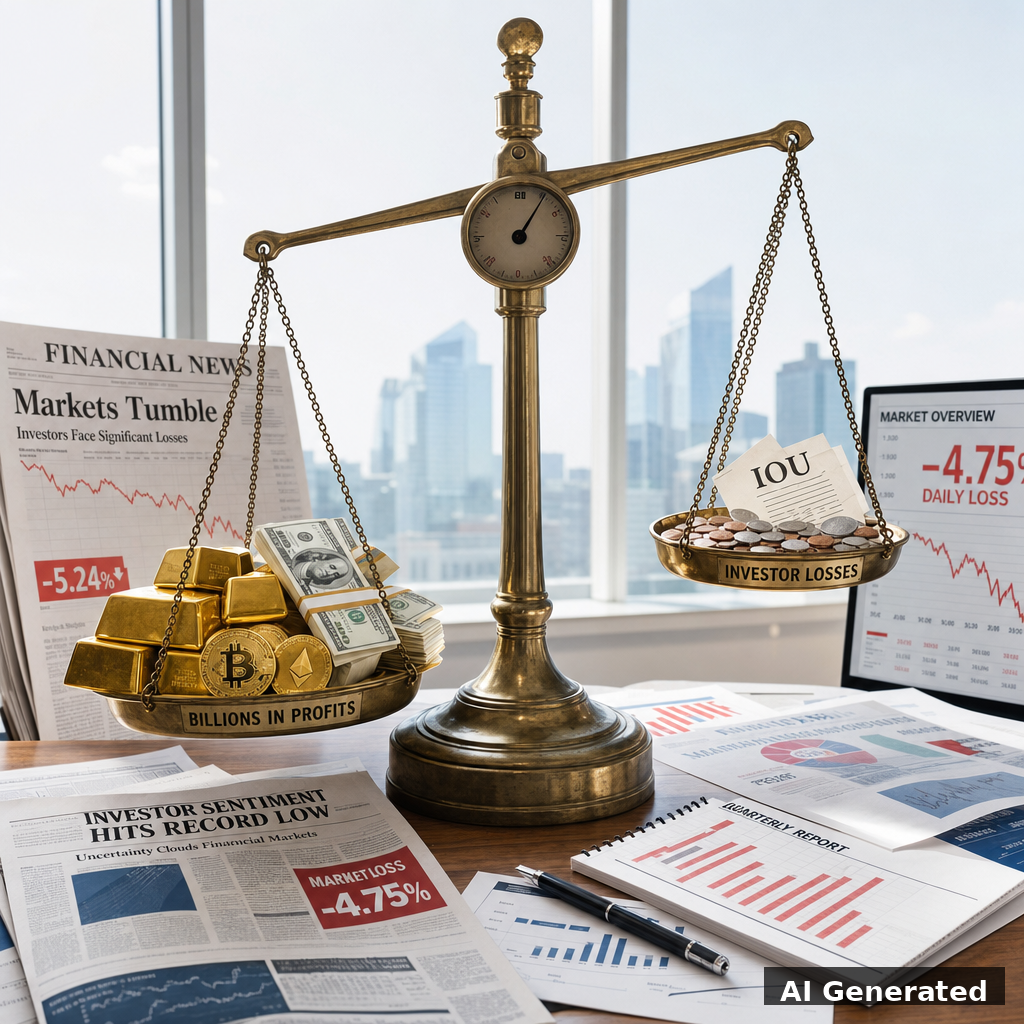 Balance scale showing massive wealth disparity between family gains and investor losses