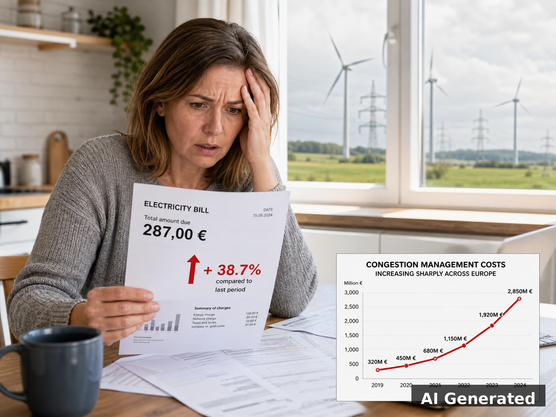 AI generated image: European consumer looking shocked at rising electricity bill due to curtailment costs