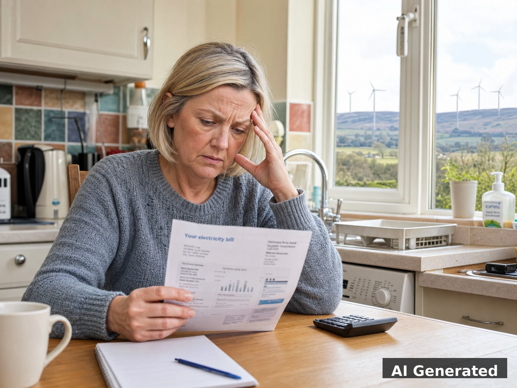AI generated image of person at kitchen table with electricity bill, wind turbines visible through window