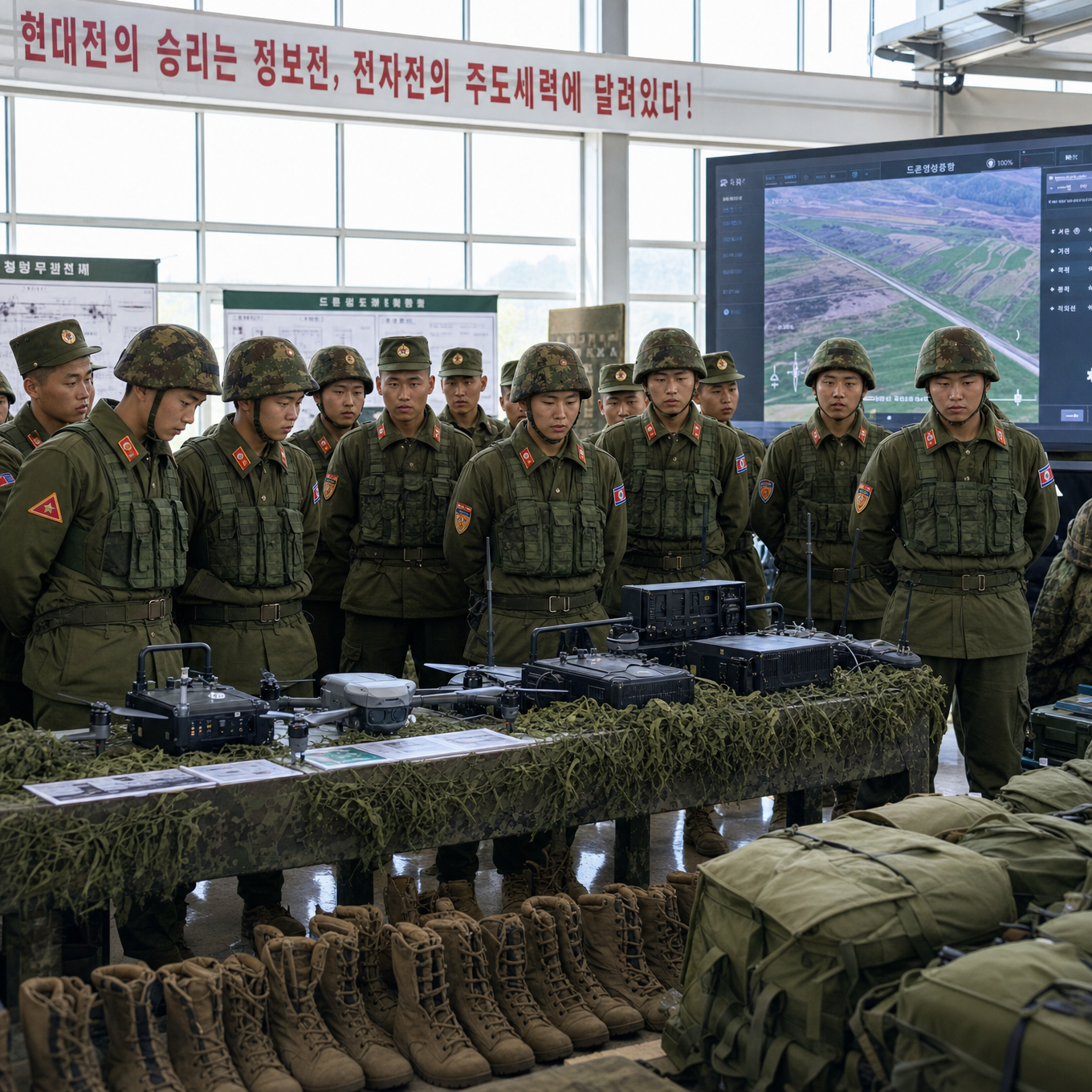 Nordkoreanische Soldaten in einer militärischen Ausbildungseinrichtung mit Drohnen und Ausrüstung für elektronische Kriegsführung