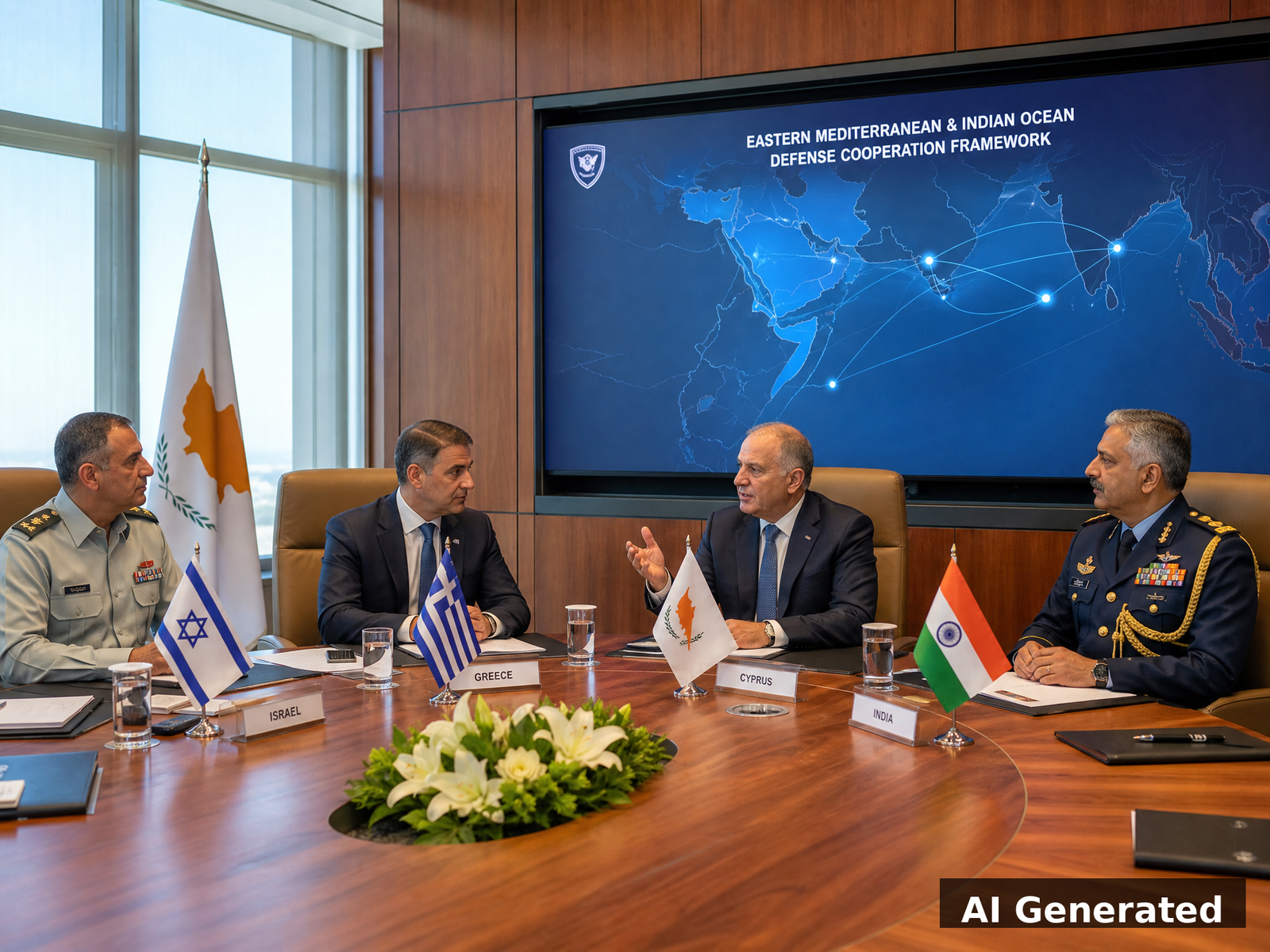 Military generals from Israel, Greece, India, and Cyprus around a strategy map, bright war room with natural light