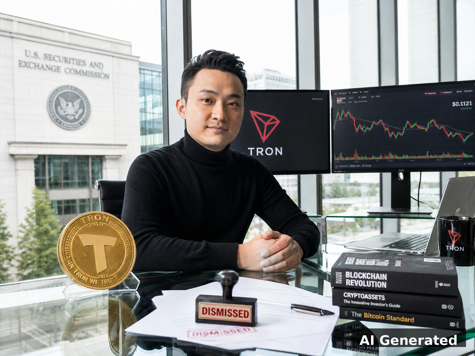 Chinese tech entrepreneur at desk with SEC building visible through window