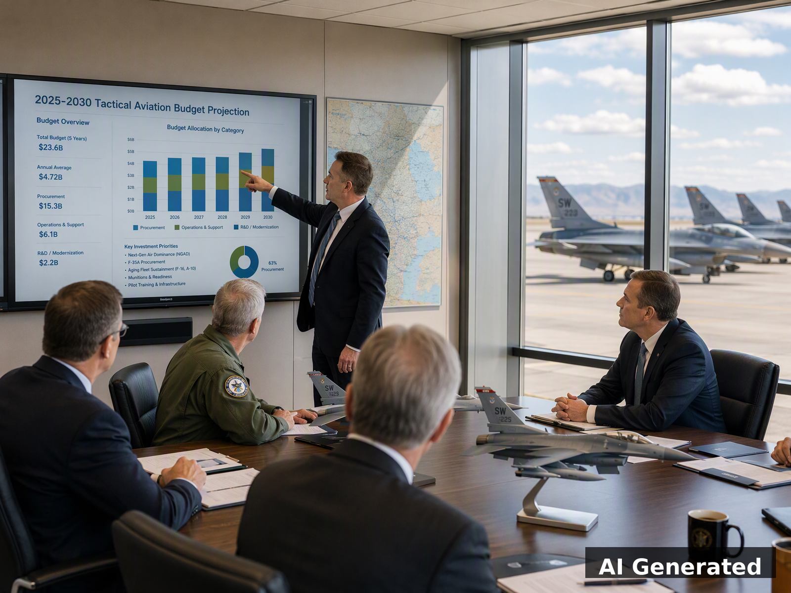 Military budget meeting with fighter jet models