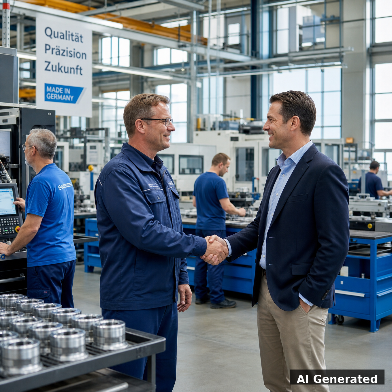 AI Generated German factory floor with workers continuing production under new ownership