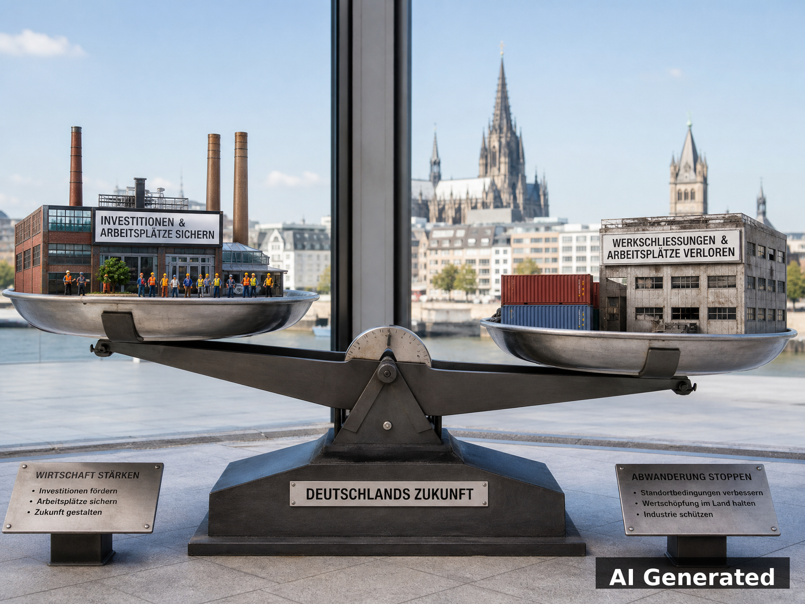 Balance scale weighing foreign investment against factory closures