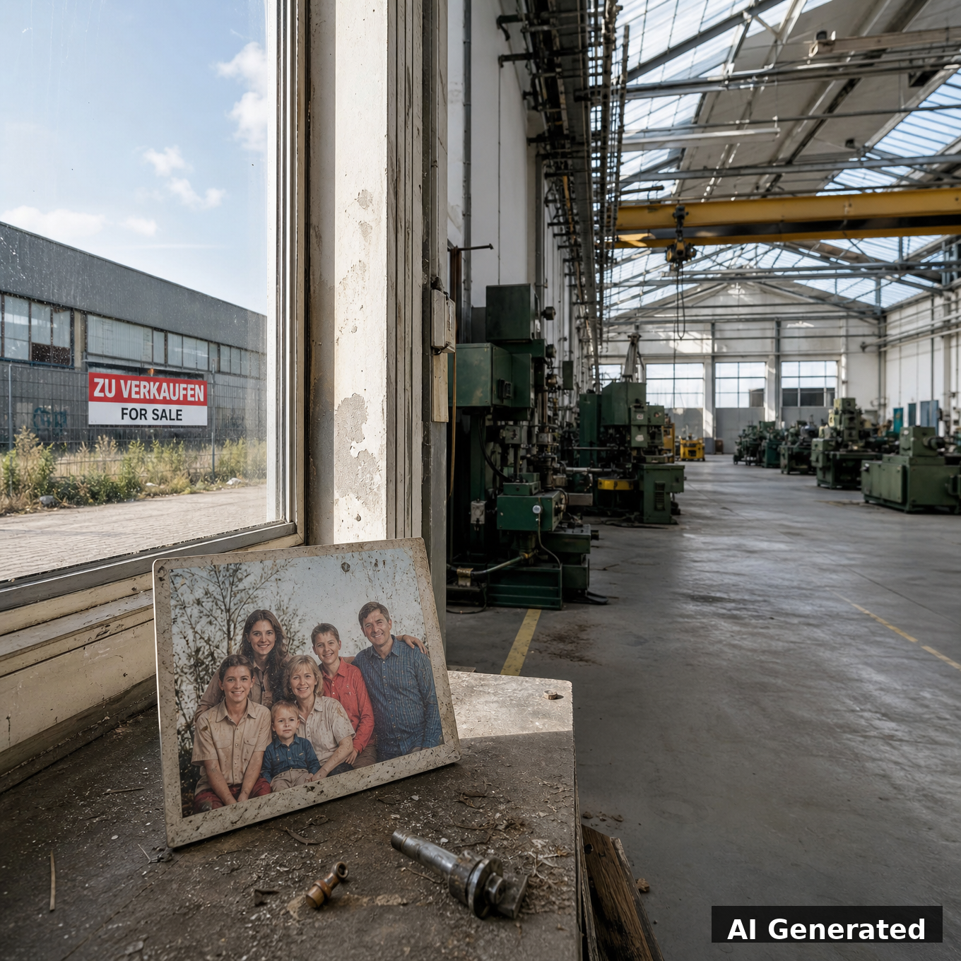 Empty factory floor with institutional memory loss symbolism, abandoned family photograph