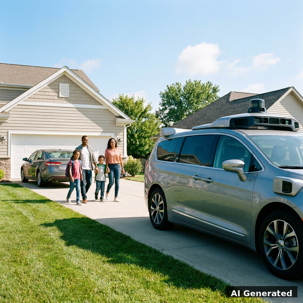 AI Generated image of a family using a shared autonomous vehicle in a suburban setting