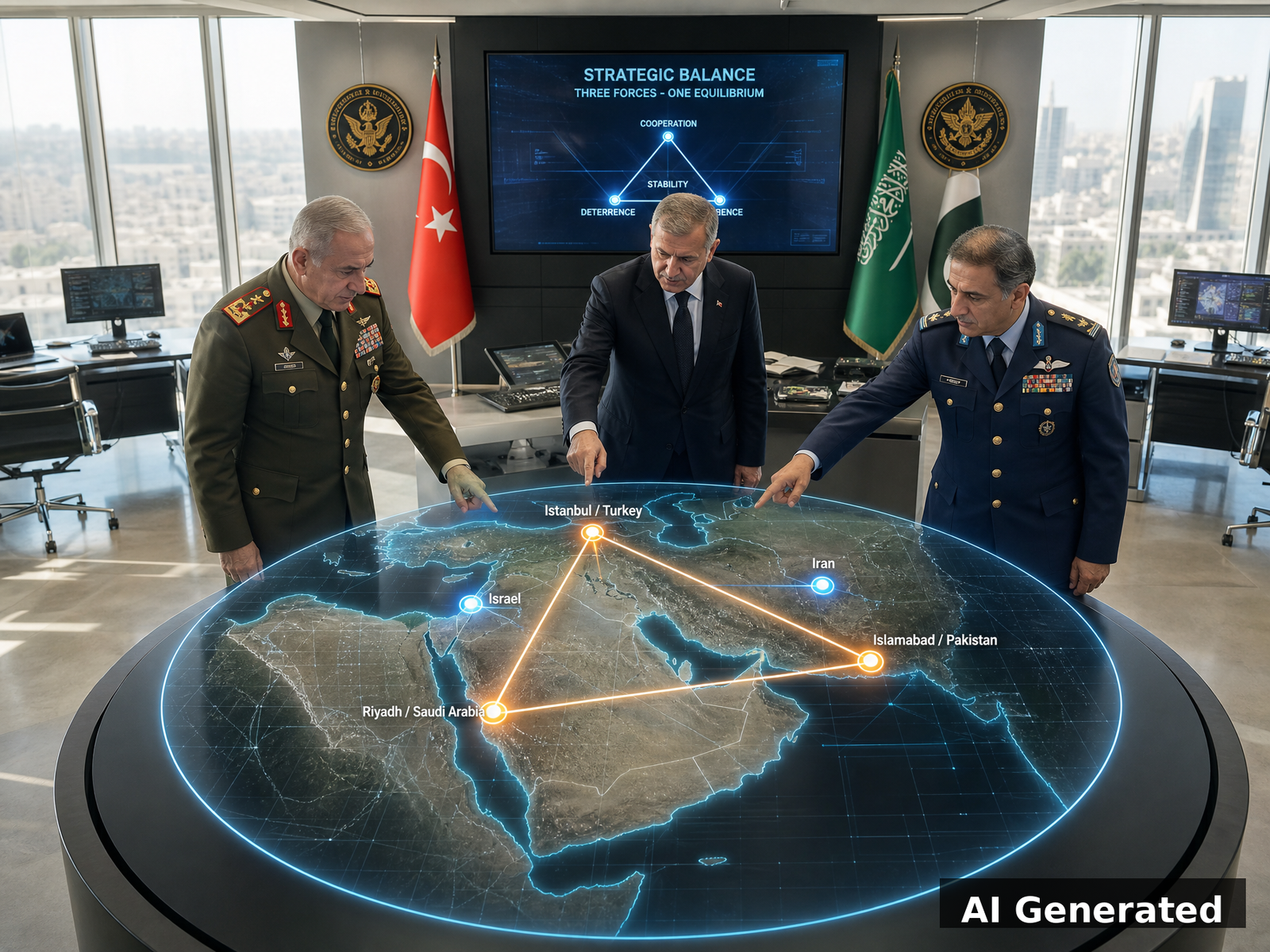 Strategic planning room showing the Mecca Pact as a third balancing force