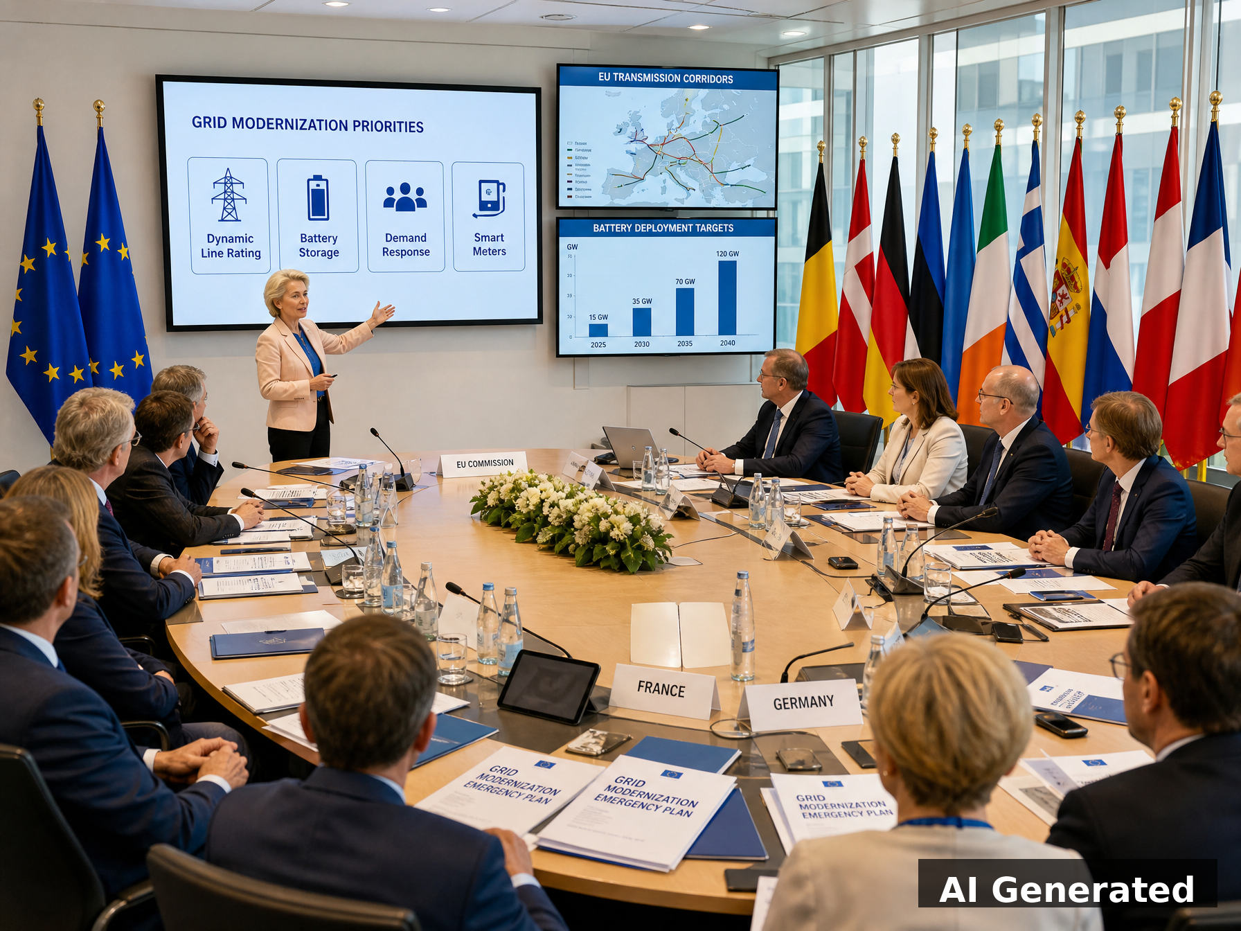 AI generated image: EU policy conference on grid modernization emergency plan with energy ministers and infrastructure maps