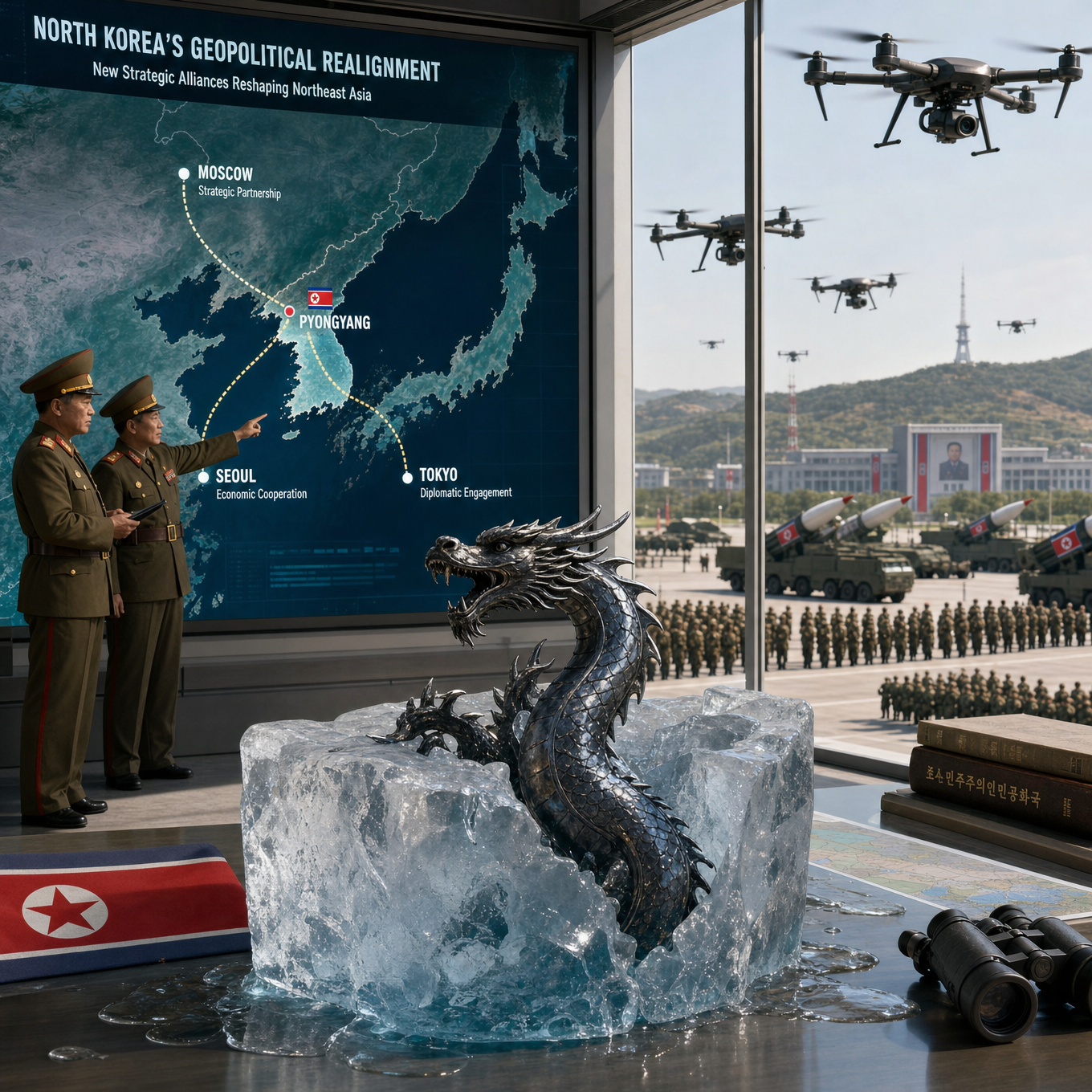 Nordkoreanische Militärführer vor einer strategischen Allianzkarte Nordostasiens