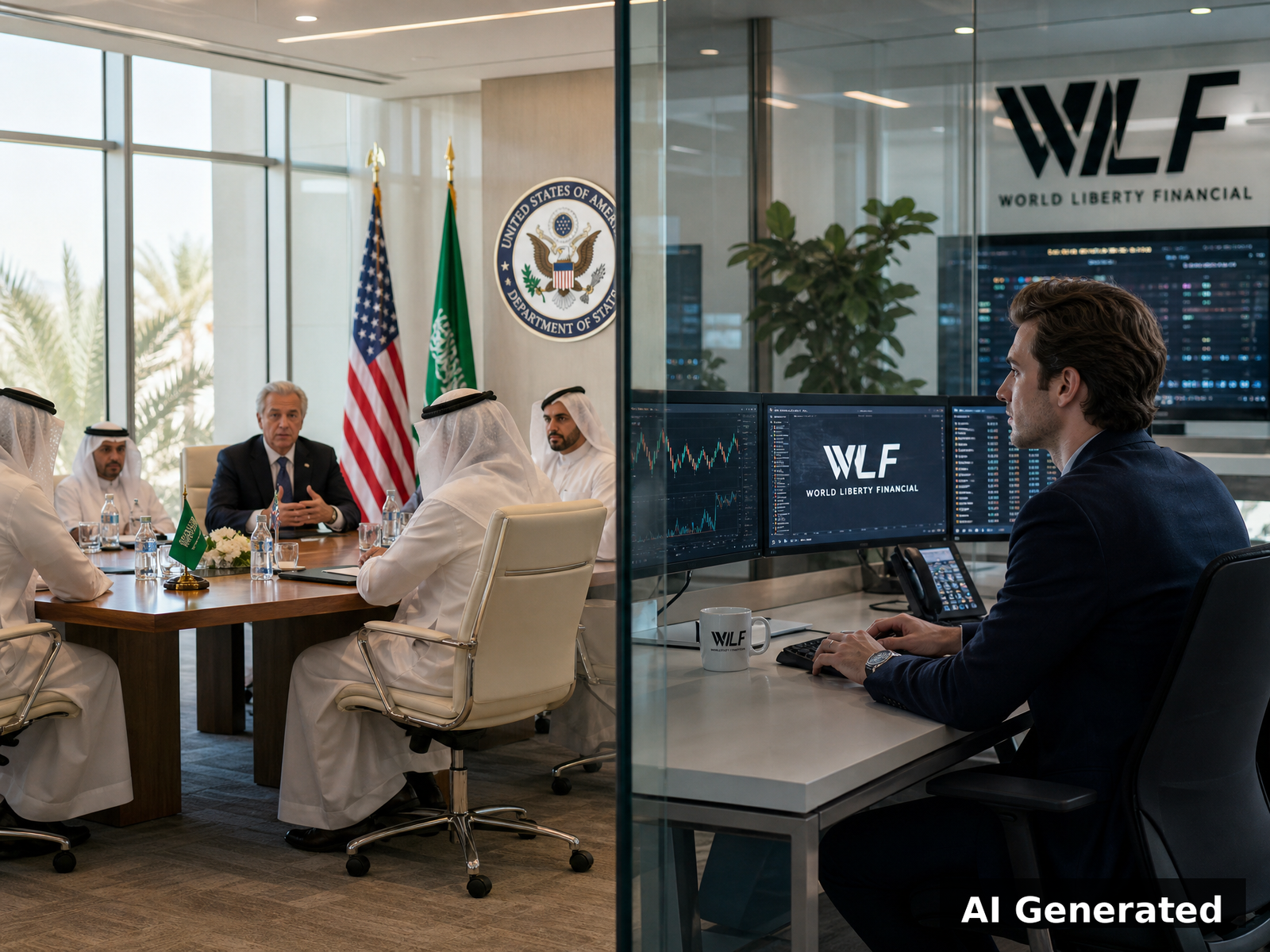 Diplomat negotiating with Arab leaders while his son runs crypto trading desk behind glass wall