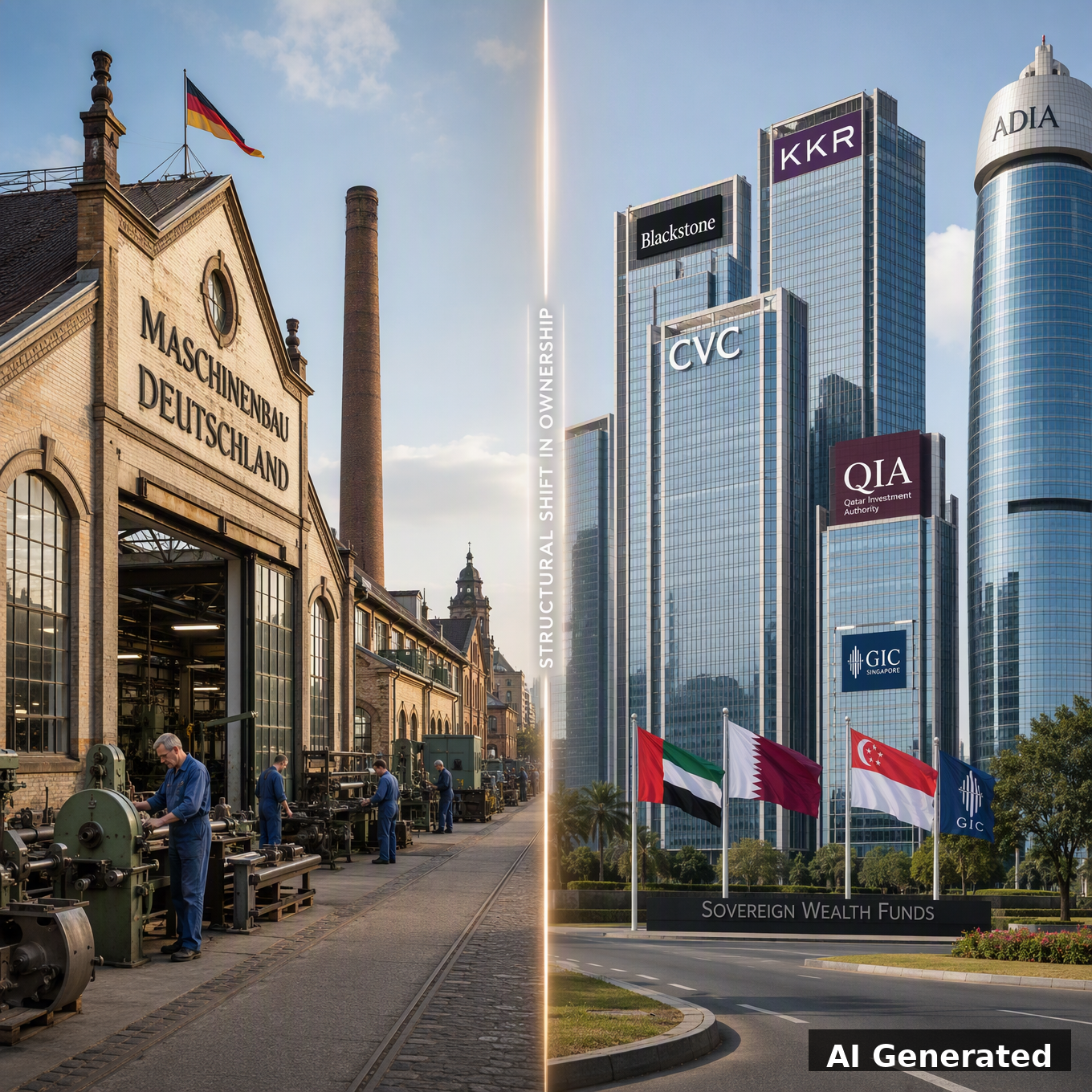 AI Generated split composition showing German factories versus financial district ownership shift