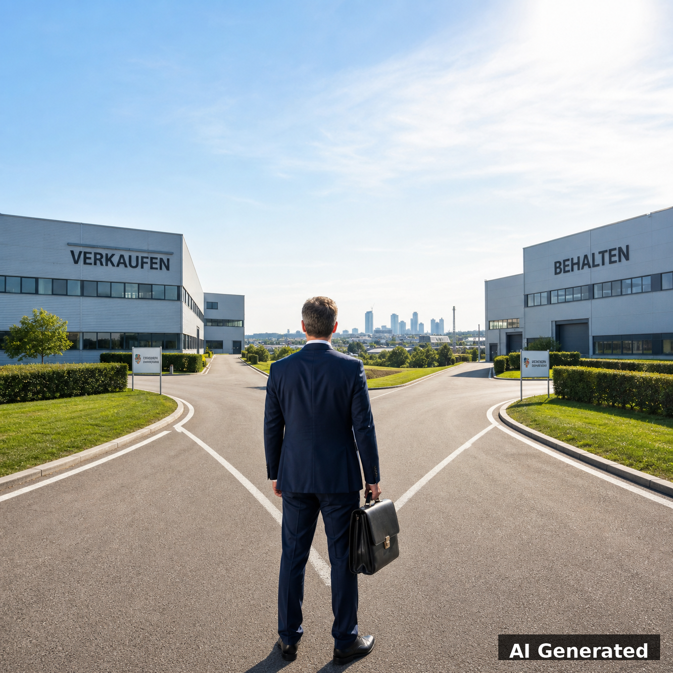 German factory owner at crossroads, symbolizing choice to sell or keep business