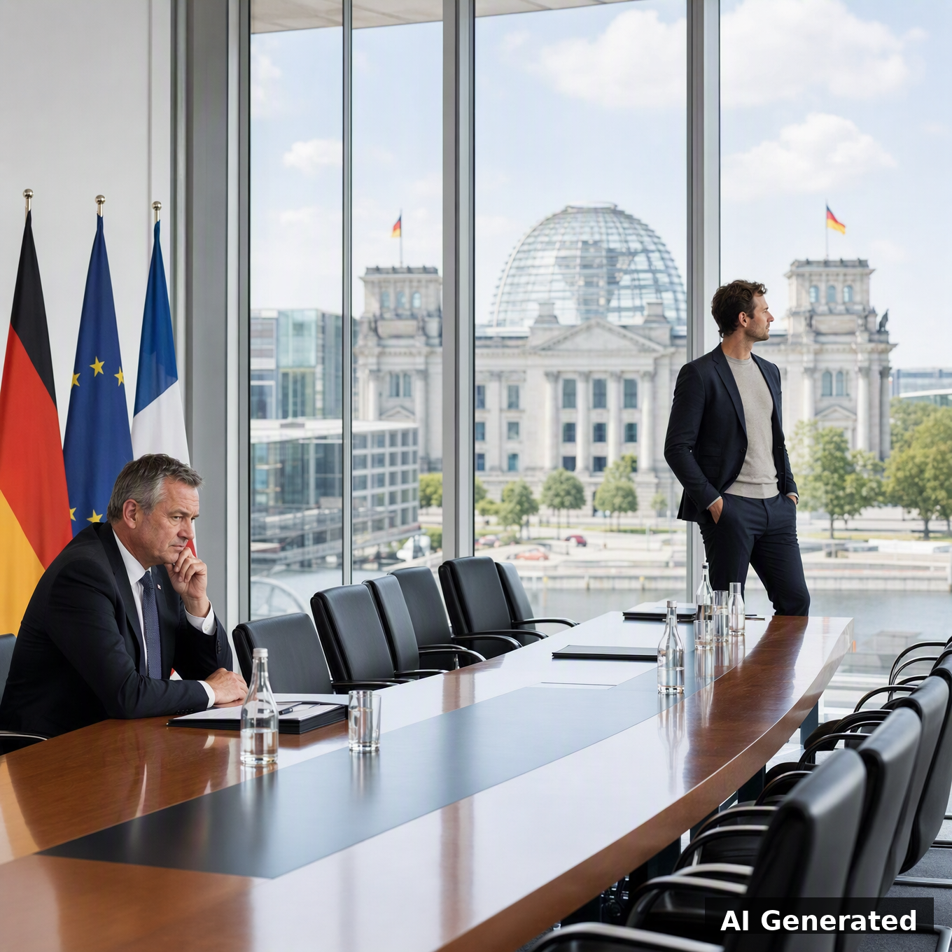 Berlin government conference room showing old auto lobbyist and young tech executive