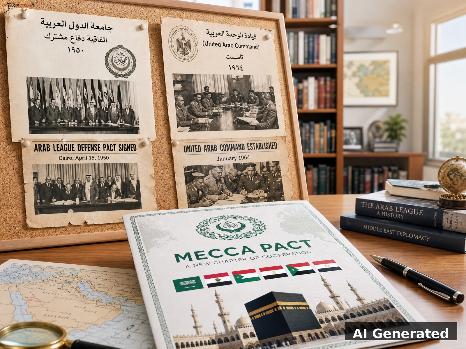 Historical documents contrasting past failed Arab defense pacts with the new Mecca Pact