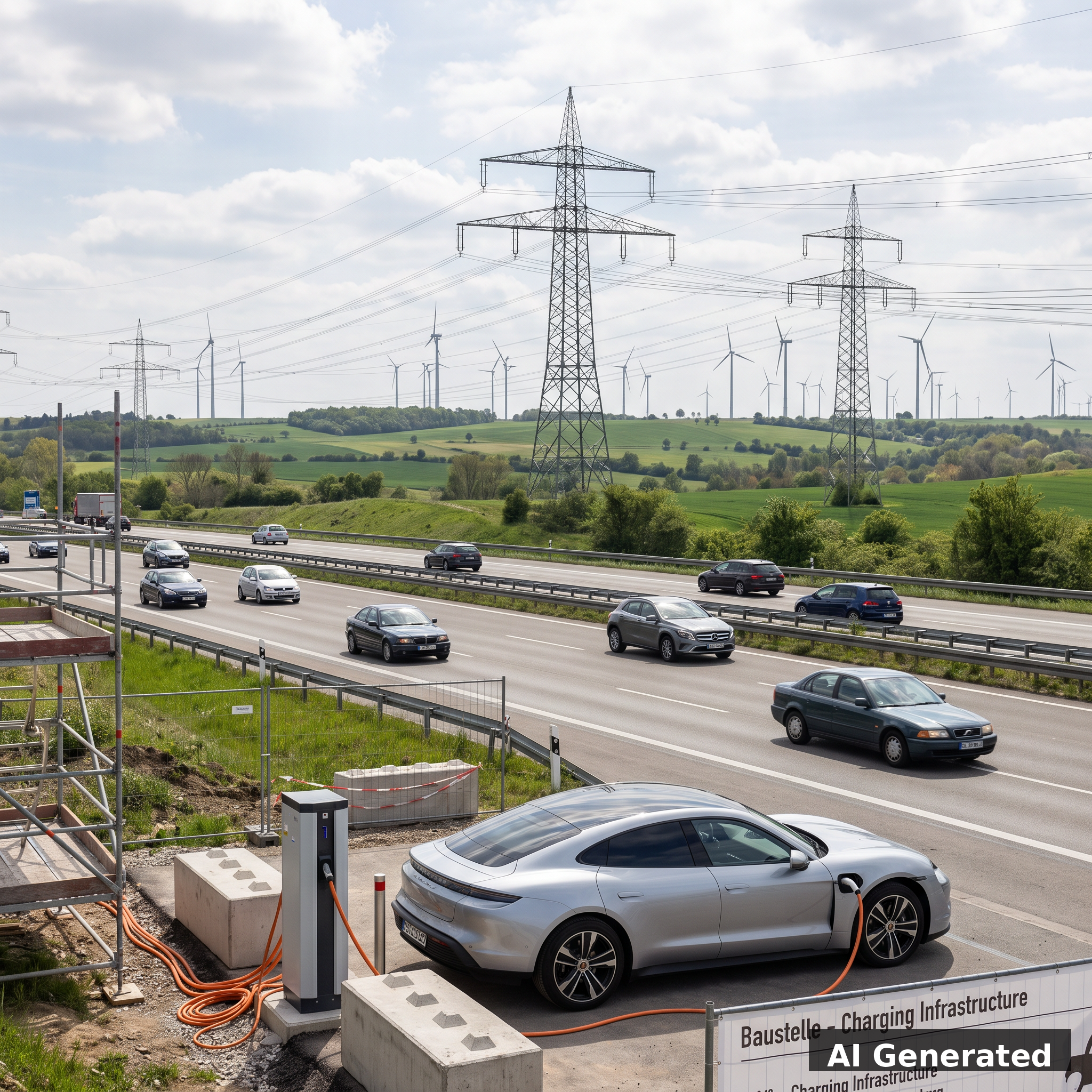 German autobahn with EV charging station and power grid infrastructure