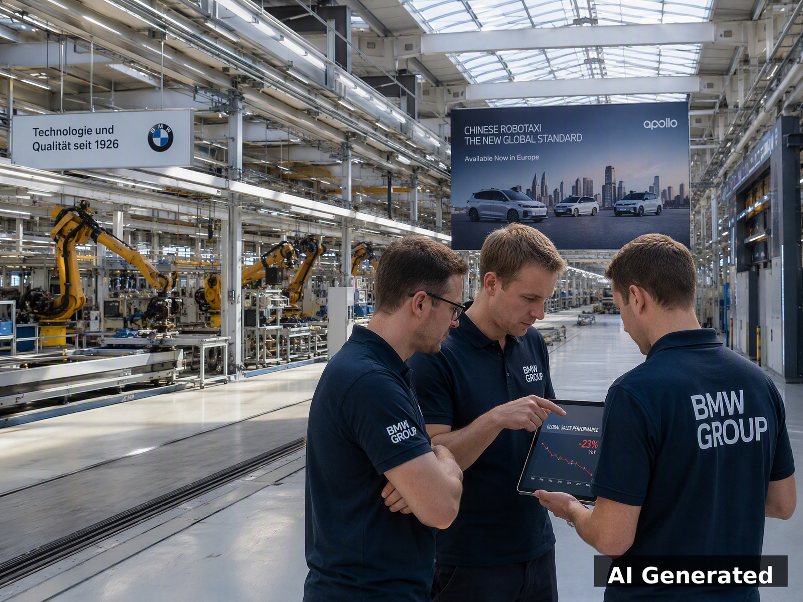 AI Generated image of a German auto factory with partial assembly line shutdown