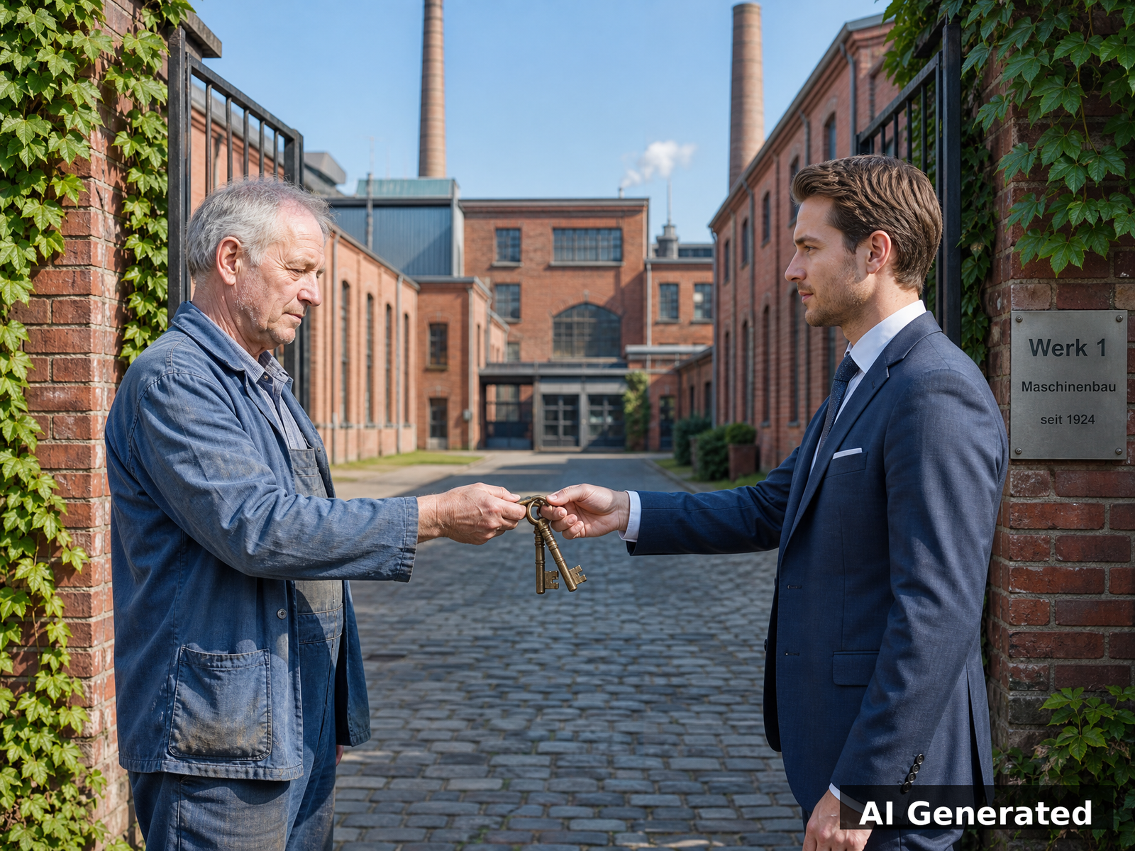 Factory keys being handed from old owner to new corporate buyer