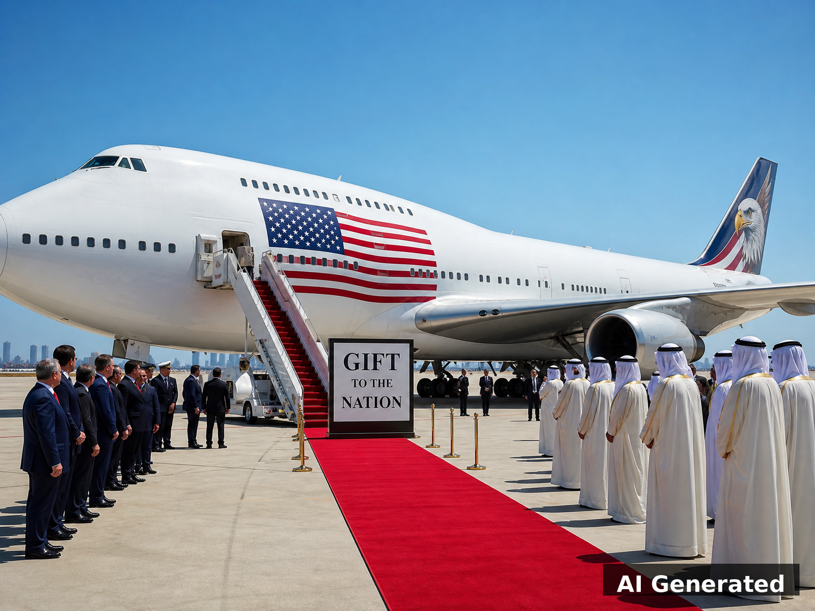 Massive white Boeing 747 on sunny tarmac with American and Qatari flags