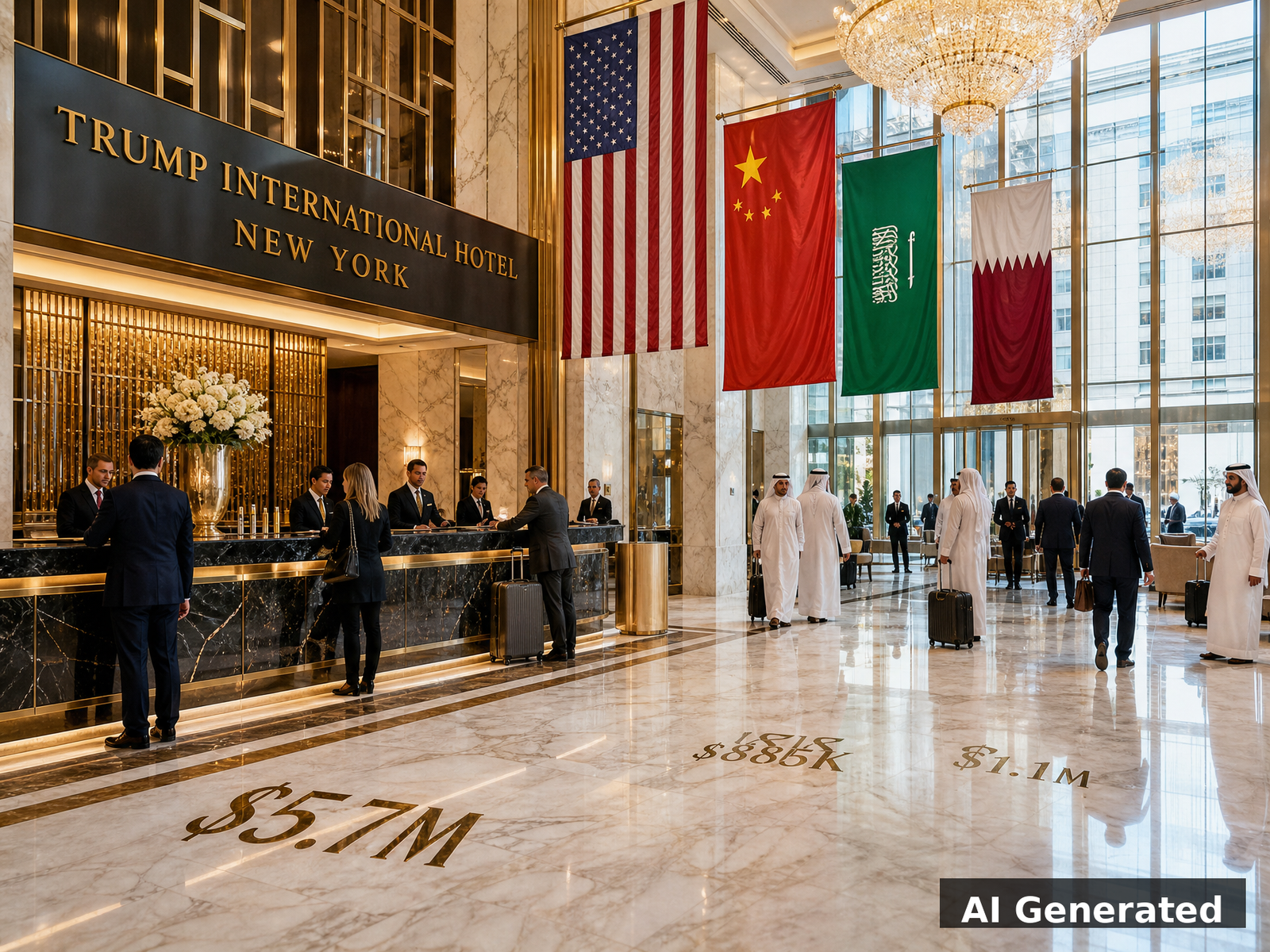Luxury hotel lobby with foreign government flags showing payments to private hotel business