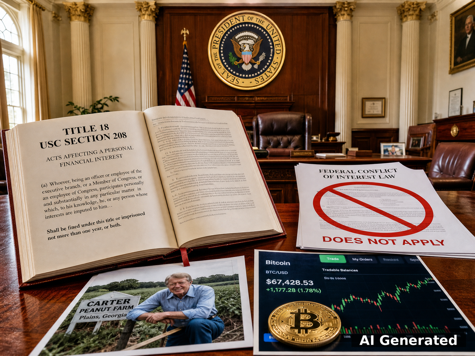Federal conflict of interest law book with presidential seal showing gap in legal coverage