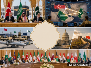 AI generated cover for The Mecca Pact series on Middle East security