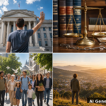 KI-generiertes Collage-Titelbild: individuelles Gewissen, Staatsmacht, Rechtsstaatlichkeit und Frieden