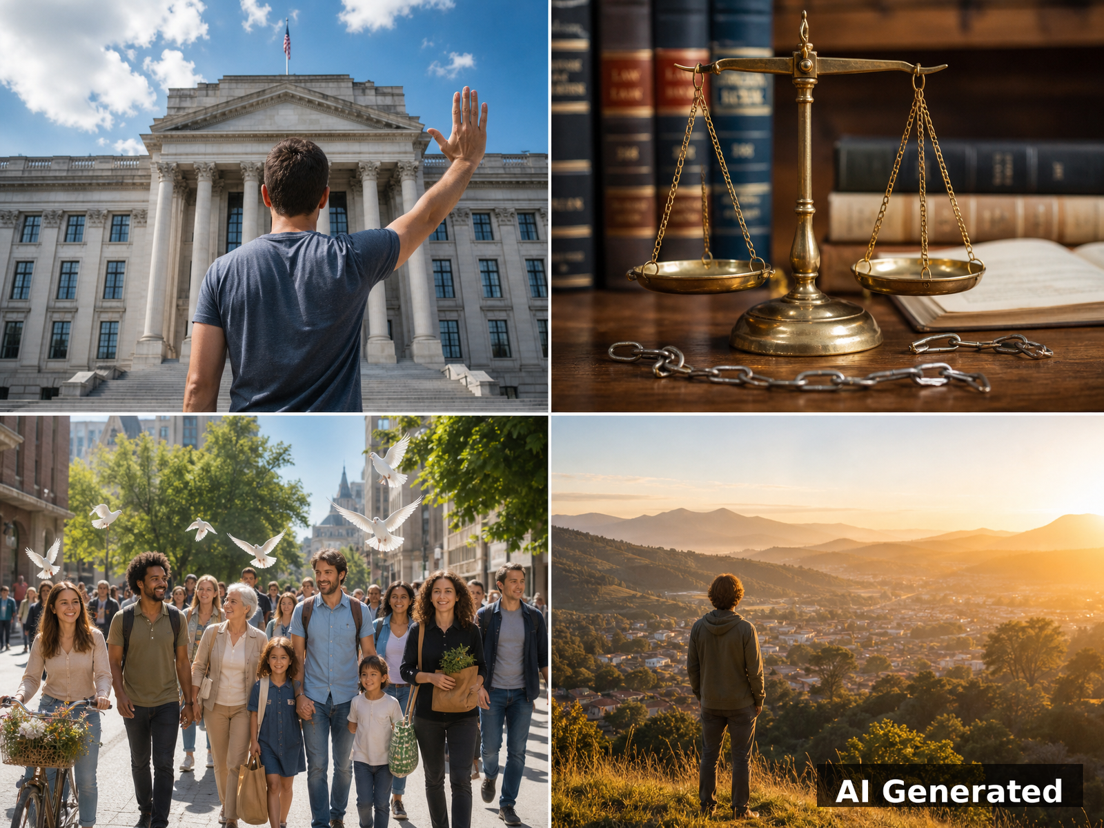 KI-generiertes Collage-Titelbild: individuelles Gewissen, Staatsmacht, Rechtsstaatlichkeit und Frieden