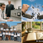 Immagine di copertina generata dall'IA: collage su coscienza individuale, potere statale, Stato di diritto e pace