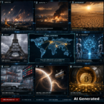 AI Generated - Nine-panel intelligence collage: Russian missile strikes on Kyiv, Houthi strike on Saudi Aramco facility, expanding global arid belt, Eiffel Tower closed by protests, AI robotics frontier, trade war container port, habitable-zone exoplanet with helium atmosphere, Bitcoin secured in digital vault, and a global correlation intelligence map.
