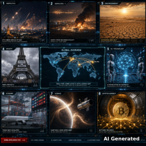 AI Generated - Nine-panel intelligence collage: Russian missile strikes on Kyiv, Houthi strike on Saudi Aramco facility, expanding global arid belt, Eiffel Tower closed by protests, AI robotics frontier, trade war container port, habitable-zone exoplanet with helium atmosphere, Bitcoin secured in digital vault, and a global correlation intelligence map.