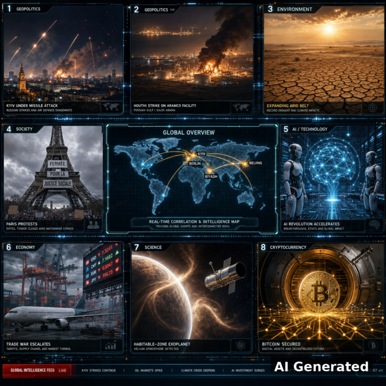 AI Generated - Nine-panel intelligence collage: Russian missile strikes on Kyiv, Houthi strike on Saudi Aramco facility, expanding global arid belt, Eiffel Tower closed by protests, AI robotics frontier, trade war container port, habitable-zone exoplanet with helium atmosphere, Bitcoin secured in digital vault, and a global correlation intelligence map.