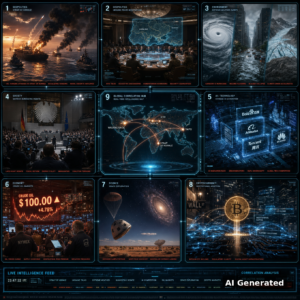 AI Generated - Nine-panel intelligence collage: US-Iran tanker war in the Strait of Hormuz, Ukraine peace negotiations, extreme weather and Himalayan glaciers, German Bundestag debate, Chinese AI ecosystem, crude oil at $100, asteroid sample return and deep-field space, institutional Bitcoin adoption, global correlation hub map.