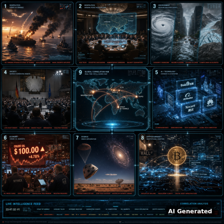 AI Generated - Nine-panel intelligence collage: US-Iran tanker war in the Strait of Hormuz, Ukraine peace negotiations, extreme weather and Himalayan glaciers, German Bundestag debate, Chinese AI ecosystem, crude oil at $100, asteroid sample return and deep-field space, institutional Bitcoin adoption, global correlation hub map.