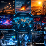 AI Generated - Nine-panel intelligence collage: US-Iran Gulf war at $100 oil with missile interceptors, Ukrainian long-range drone strike on a Siberian gas facility, global heatwave record temperatures, American political convention, luminous world map correlation hub, markets in turmoil as oil breaks $100, Navier-Stokes mathematics and laser-frozen ice, post-quantum cryptography vault with Ethereum crystal.
