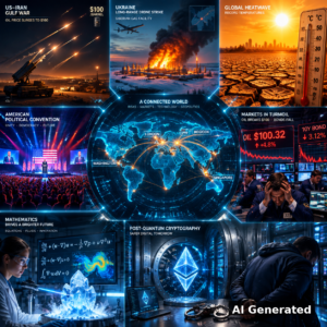 AI Generated - Nine-panel intelligence collage: US-Iran Gulf war at $100 oil with missile interceptors, Ukrainian long-range drone strike on a Siberian gas facility, global heatwave record temperatures, American political convention, luminous world map correlation hub, markets in turmoil as oil breaks $100, Navier-Stokes mathematics and laser-frozen ice, post-quantum cryptography vault with Ethereum crystal.