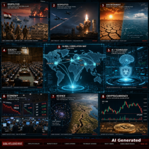 AI Generated - Nine-panel intelligence collage: Houthi capture of Perim Island at Bab el-Mandeb, Ukrainian deep-strike drones and Russian missile test, record-hot August with empty Atlantic hurricane basin, Westminster assisted-dying debate, AI data-center bio-safeguards, oil shock trading floor, eROSITA X-ray census and Italian tectonic fault, Bitcoin $76,000 support test, global correlation map