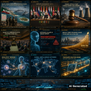 AI Generated - Nine-panel intelligence collage: Houthi forces seize Perim and Socotra islands in the Red Sea; BRICS summit in New Delhi with Modi, Putin and Pezeshkian; federal appeals court strikes down coal orders; House of Commons rejects assisted dying bill; Anthropic Claude AI misuse report; India forex reserves surge to $44.9 billion; WHOLISTIC cellular imaging breakthrough; tokenized equities boom; global intelligence network map.