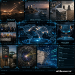 AI Generated - Nine-panel intelligence collage: Houthi drone attack on Saudi base; Strait of Hormuz Qeshm radar domes and tankers; climate insurance crisis; Berlin asylum queue and workers' rights rally; AI slowdown pact handshake; diesel war-premium price board; dark matter detector; tokenized stock certificates; global correlation map
