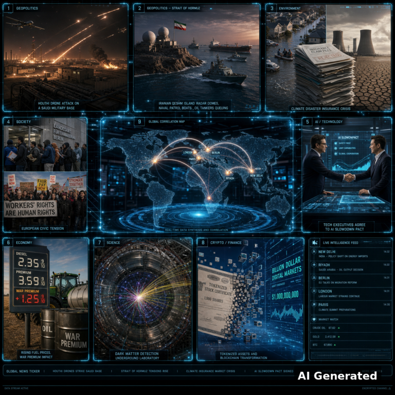 AI Generated - Nine-panel intelligence collage: Houthi drone attack on Saudi base; Strait of Hormuz Qeshm radar domes and tankers; climate insurance crisis; Berlin asylum queue and workers' rights rally; AI slowdown pact handshake; diesel war-premium price board; dark matter detector; tokenized stock certificates; global correlation map